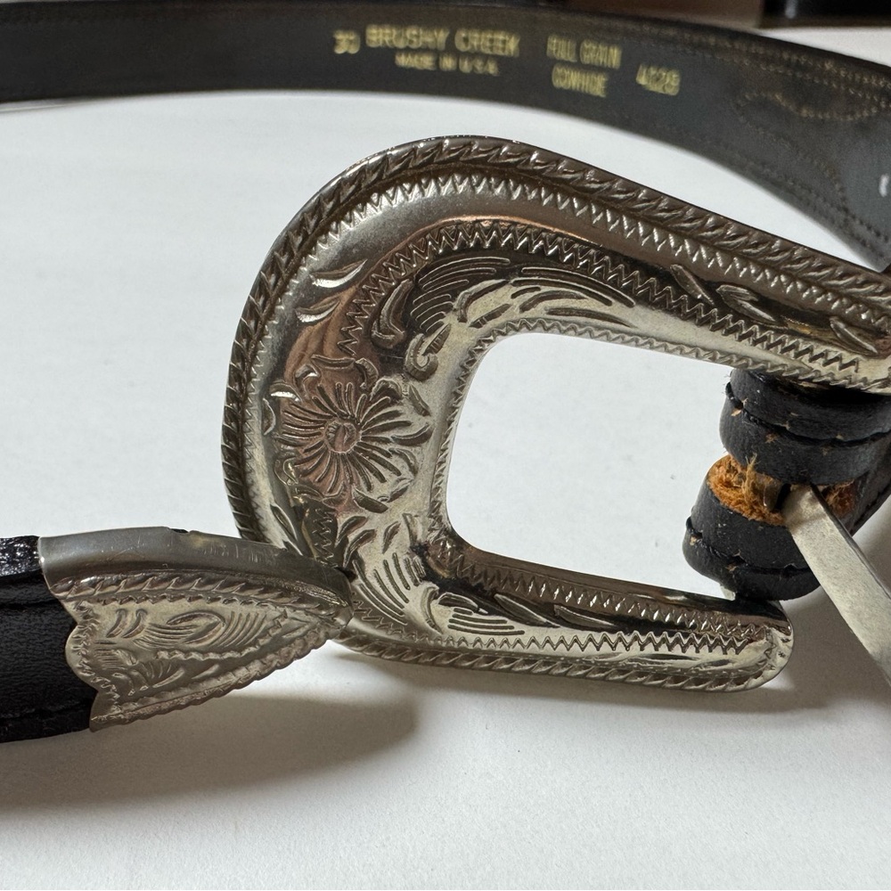 Vtg brushy creek serape cowhide belt western black purple w/ silver buckle 30”